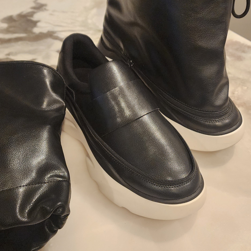 Magnlens Black Leather Bucket Boots with White Platform Soles